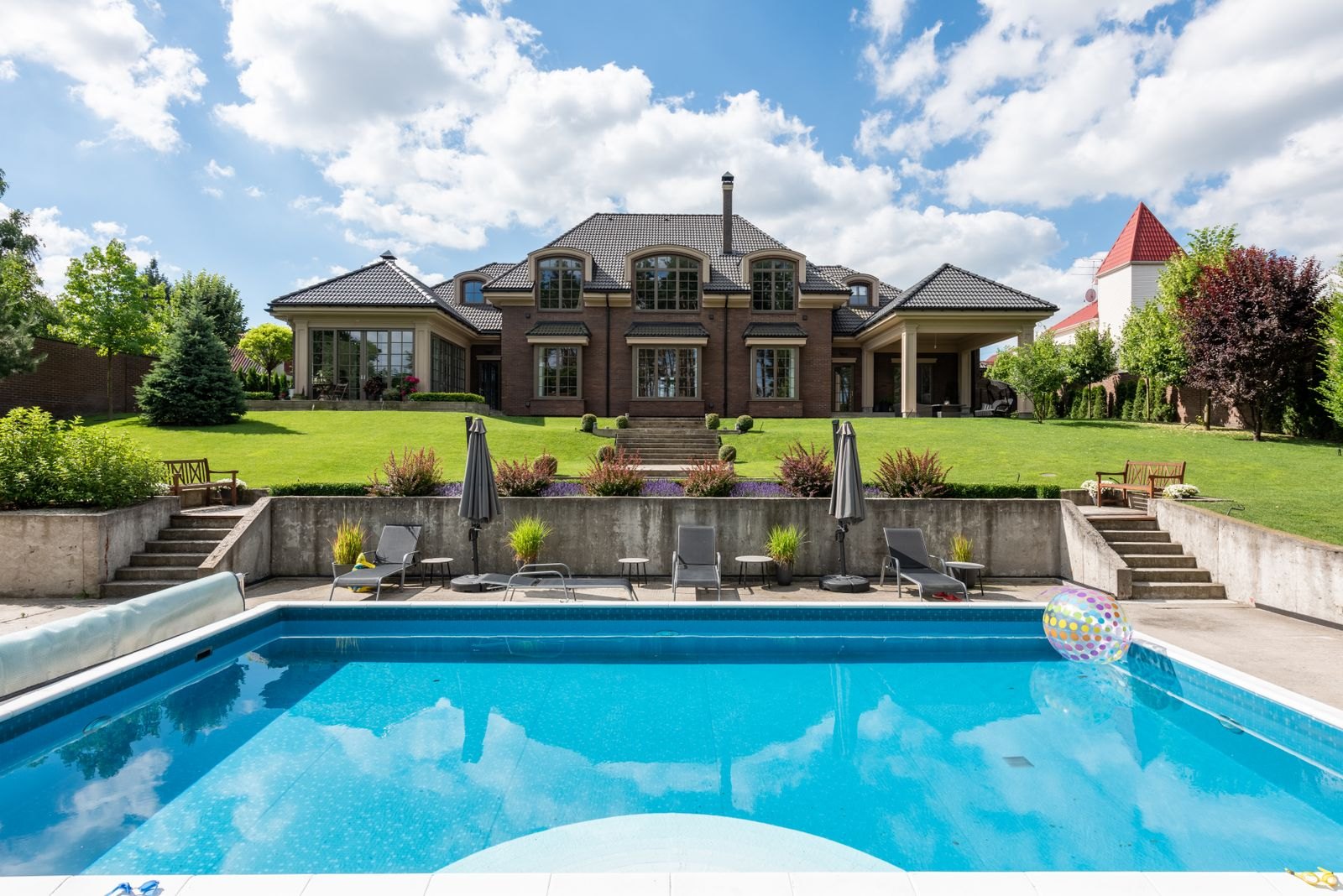 Backyard inground pool at a suburban home in the St. Louis area