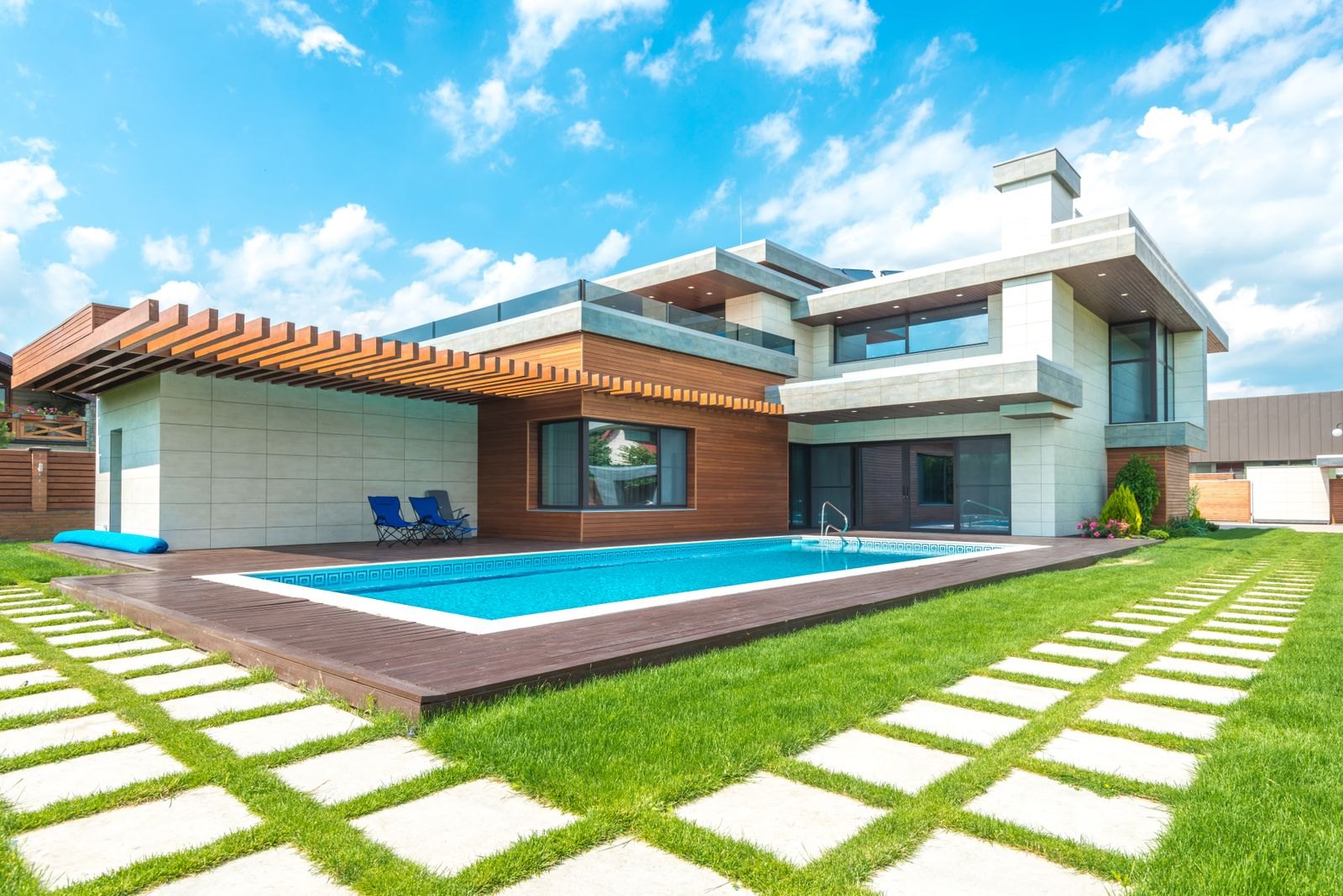 Modern home with a backyard inground pool